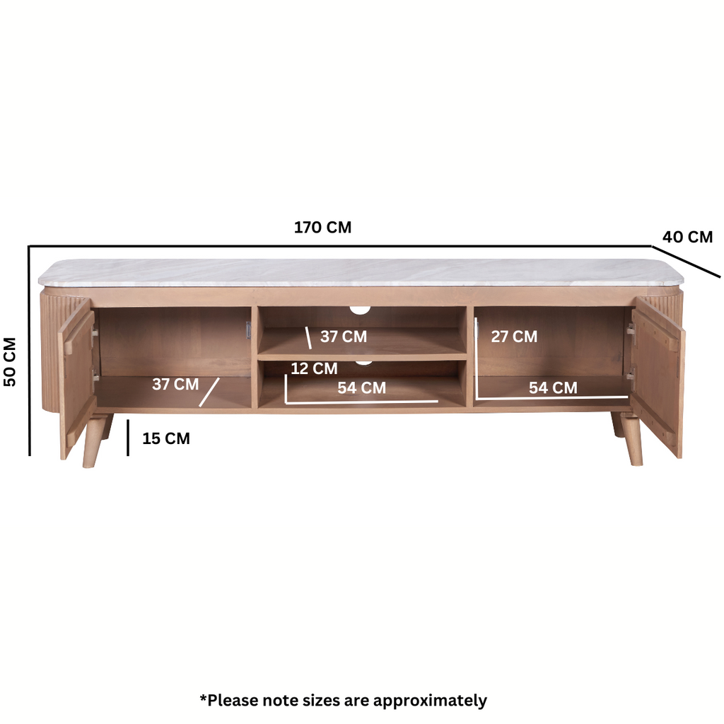 Large TV cabinet with approximate dimensions shown in cm; marble top, fluted wood base