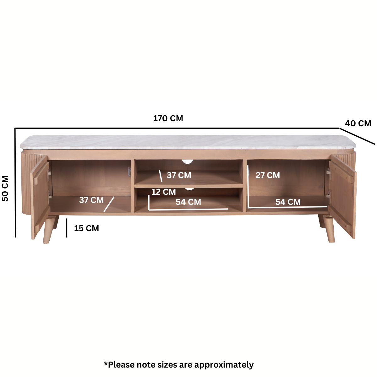 Large TV cabinet with approximate dimensions shown in cm; marble top, fluted wood base