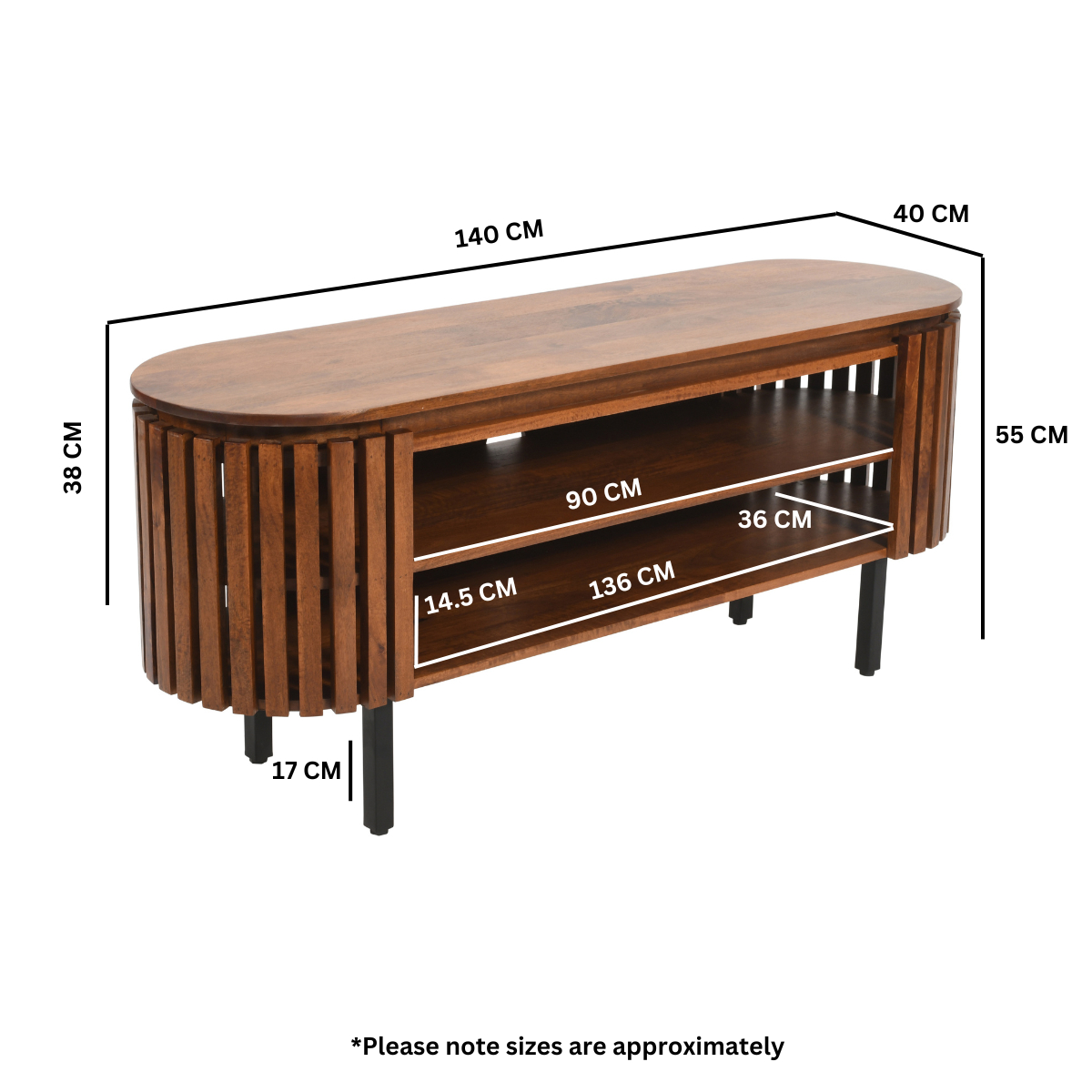 Slatted mango wood TV cabinet dimensions: 140cm x 40cm x 55cm