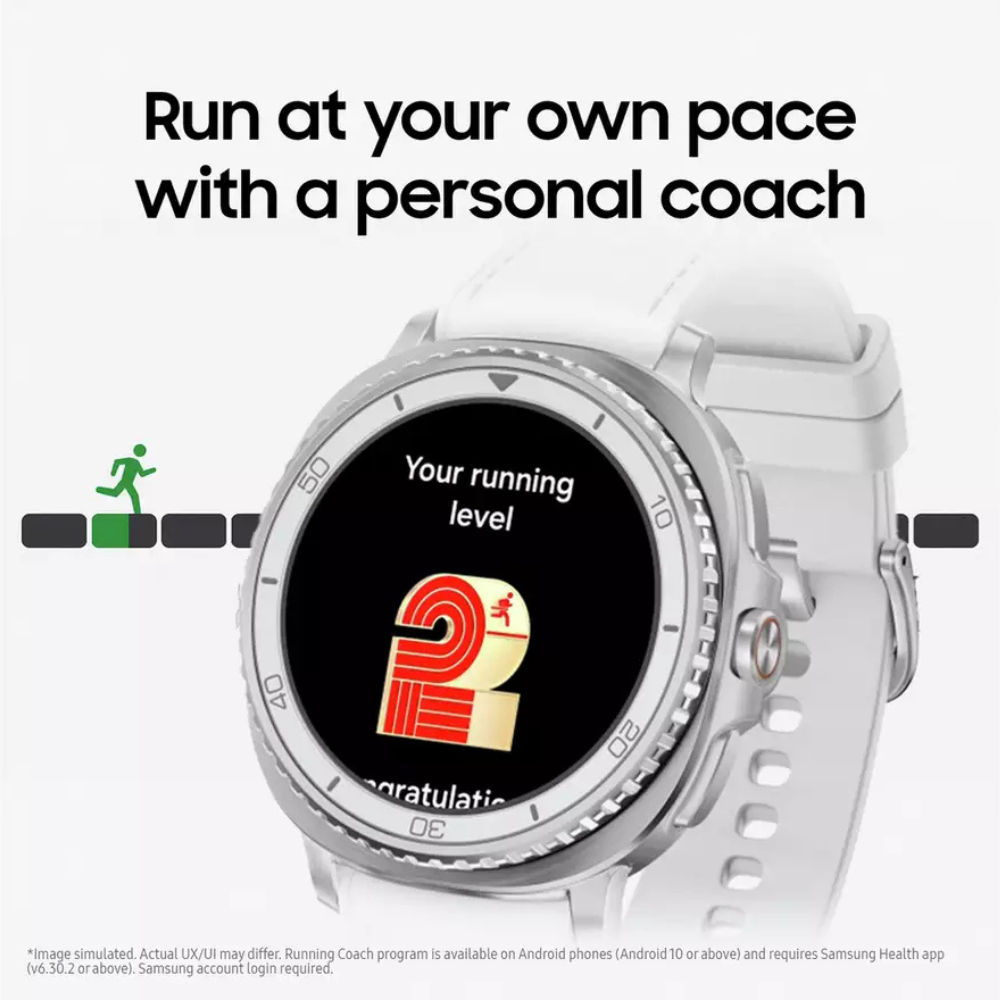 White silicone-banded smartwatch with silver bezel, displaying fitness-style graphic on black screen