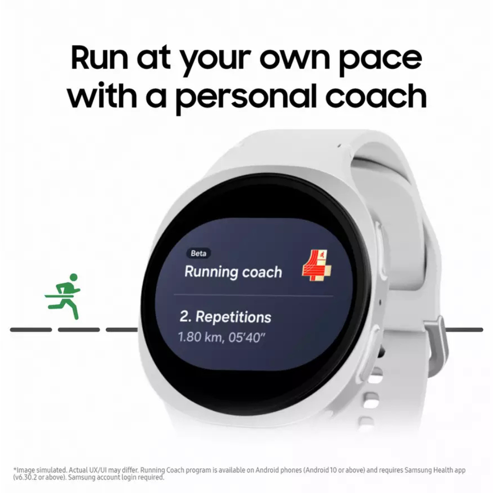 White smartwatch with black round face and white strap, side view with fitness coach UI.