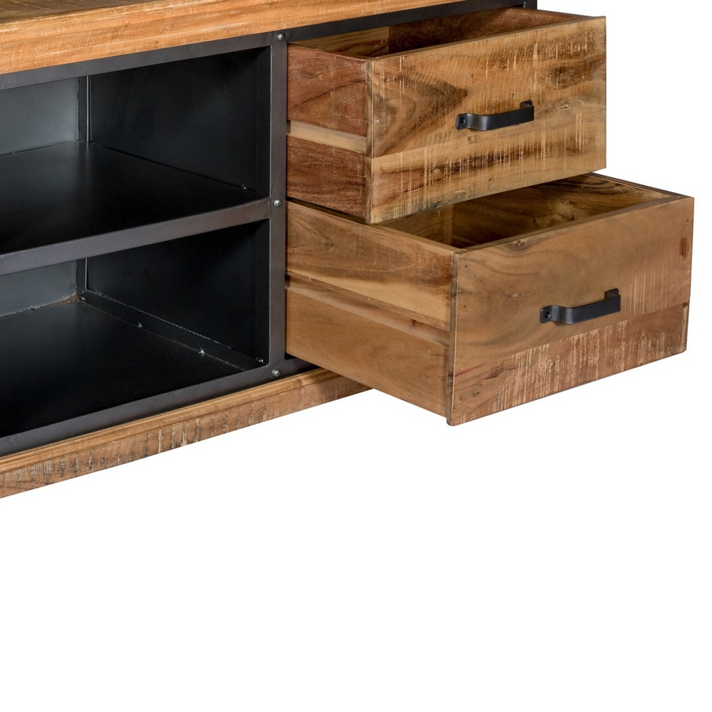 Wood media unit drawer and black mesh door detail with open shelf interior.