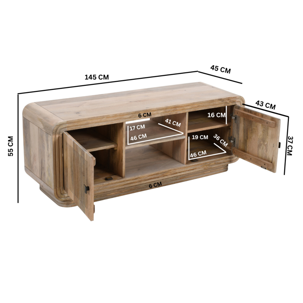Mango wood TV cabinet dimensions shown: 145 cm wide, 55 cm high, 45 cm deep.