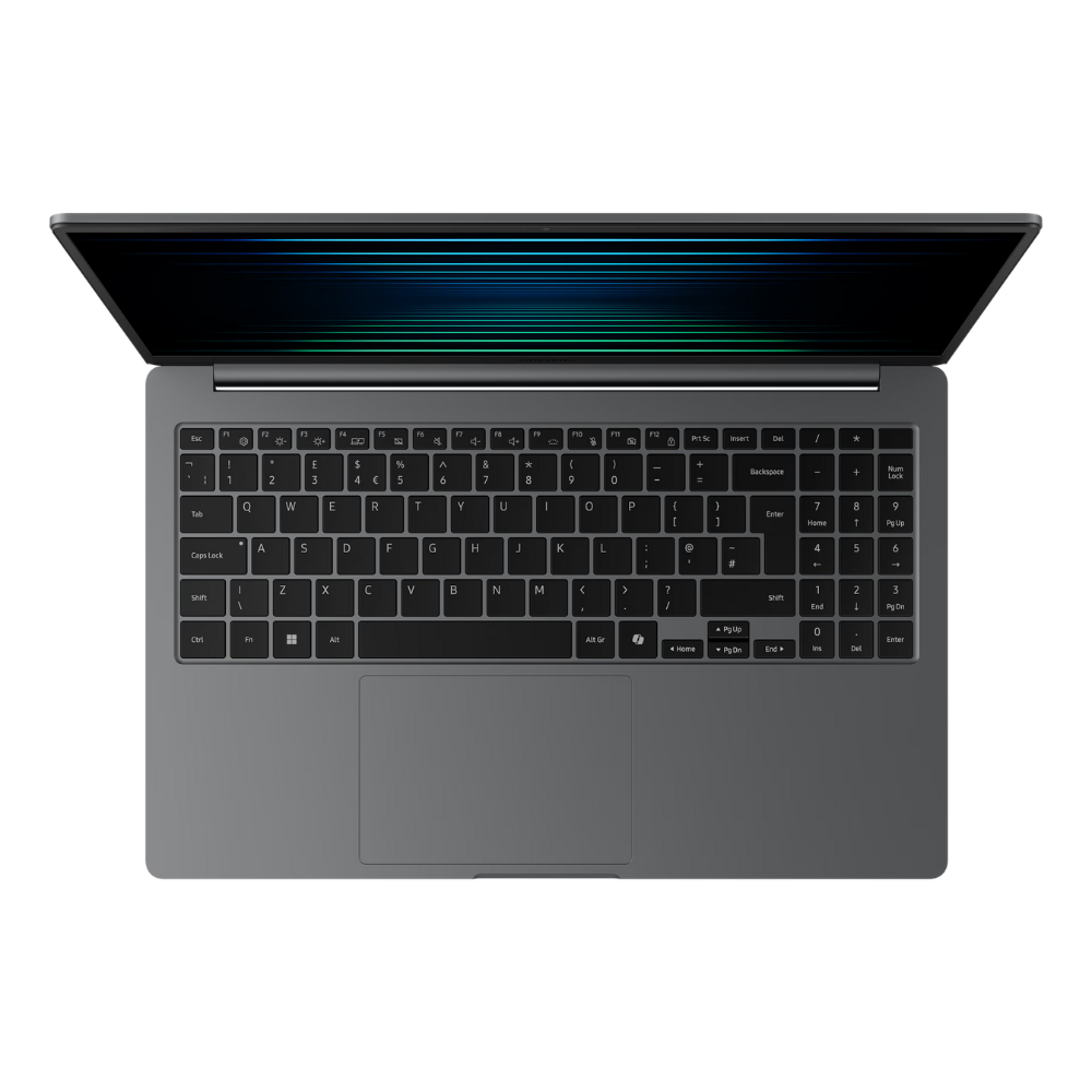 Gray Samsung laptop base with keyboard and touchpad area visible, lid open