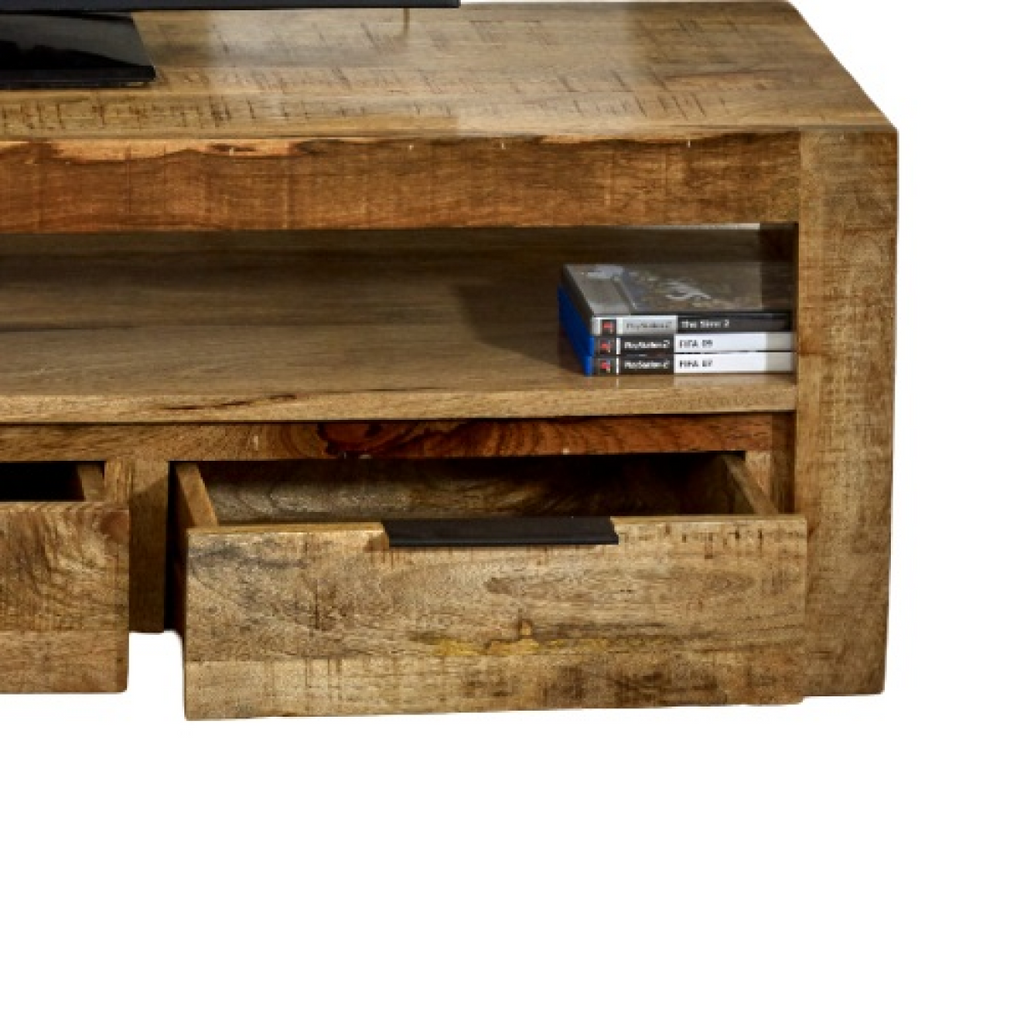 Close-up of rustic wood drawer front on TV console, with open shelf above.