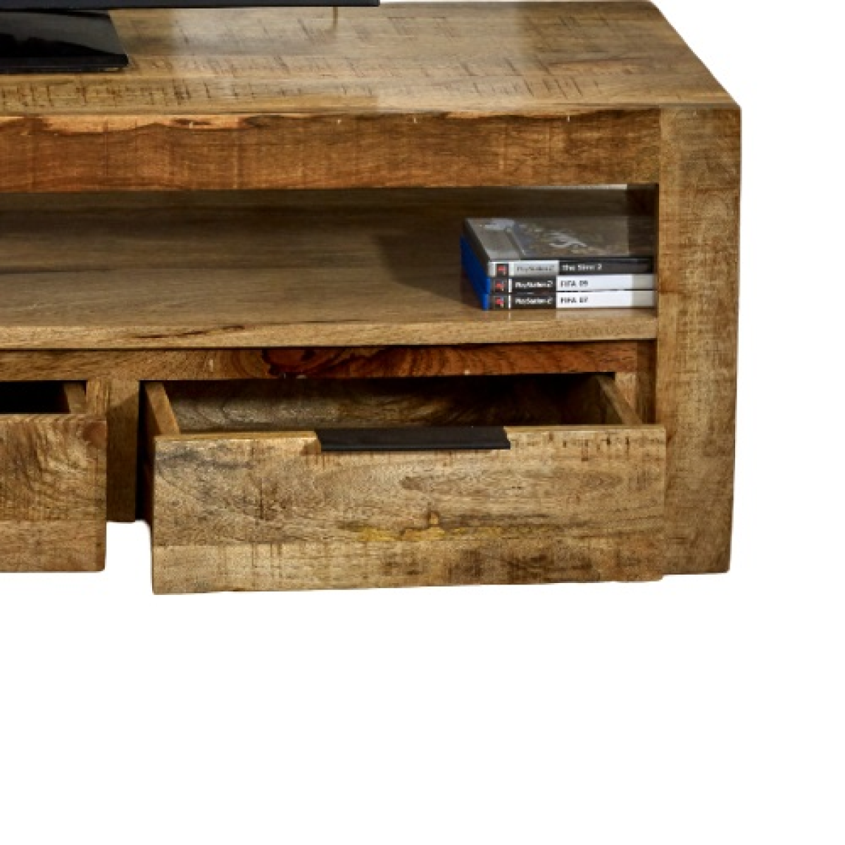 Close-up of rustic wood drawer front on TV console, with open shelf above.