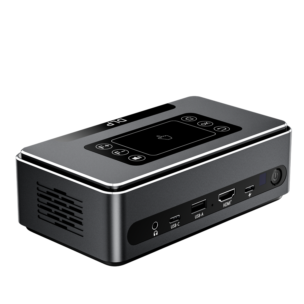 Portable DLP LED projector side view with vent grille and visible USB and HDMI ports