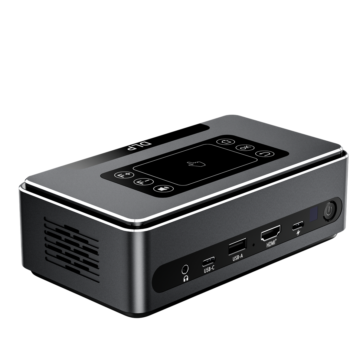 Portable DLP LED projector side view with vent grille and visible USB and HDMI ports