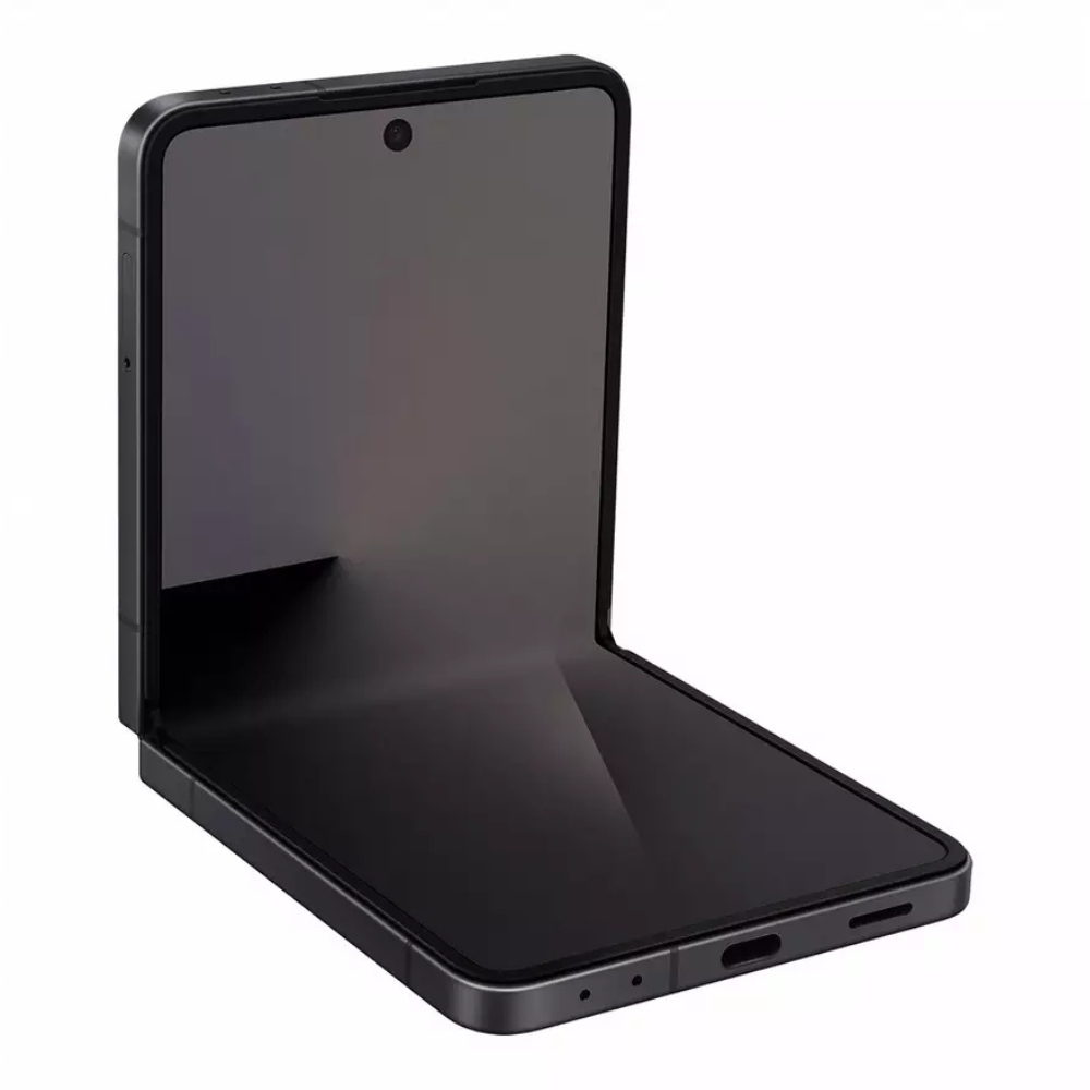 Jet Black foldable smartphone open clamshell, side ports visible