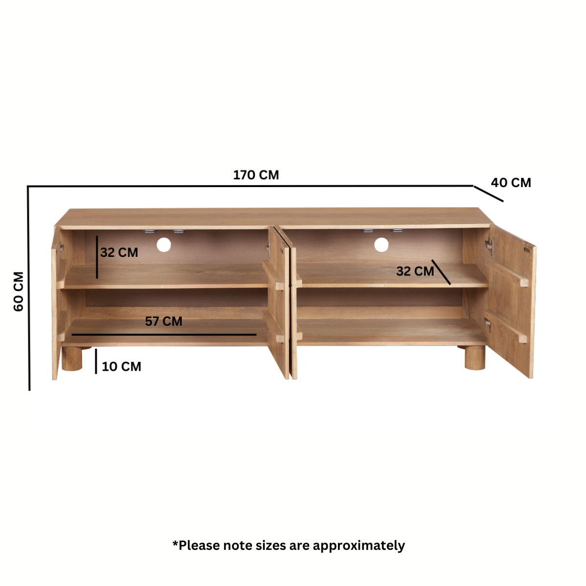 Solid wood TV cabinet diagram with labeled dimensions and open storage compartments