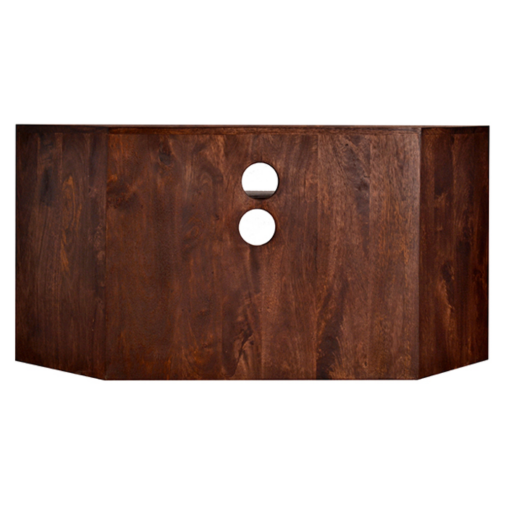 Dark mango wood corner TV unit side panel with two round cable cutouts