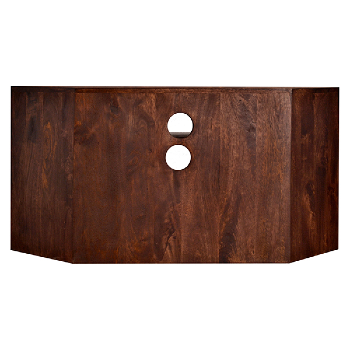 Dark mango wood corner TV unit side panel with two round cable cutouts