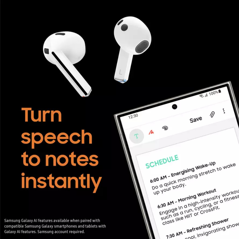 Wireless earbuds with charging stems and speaker grills, side view