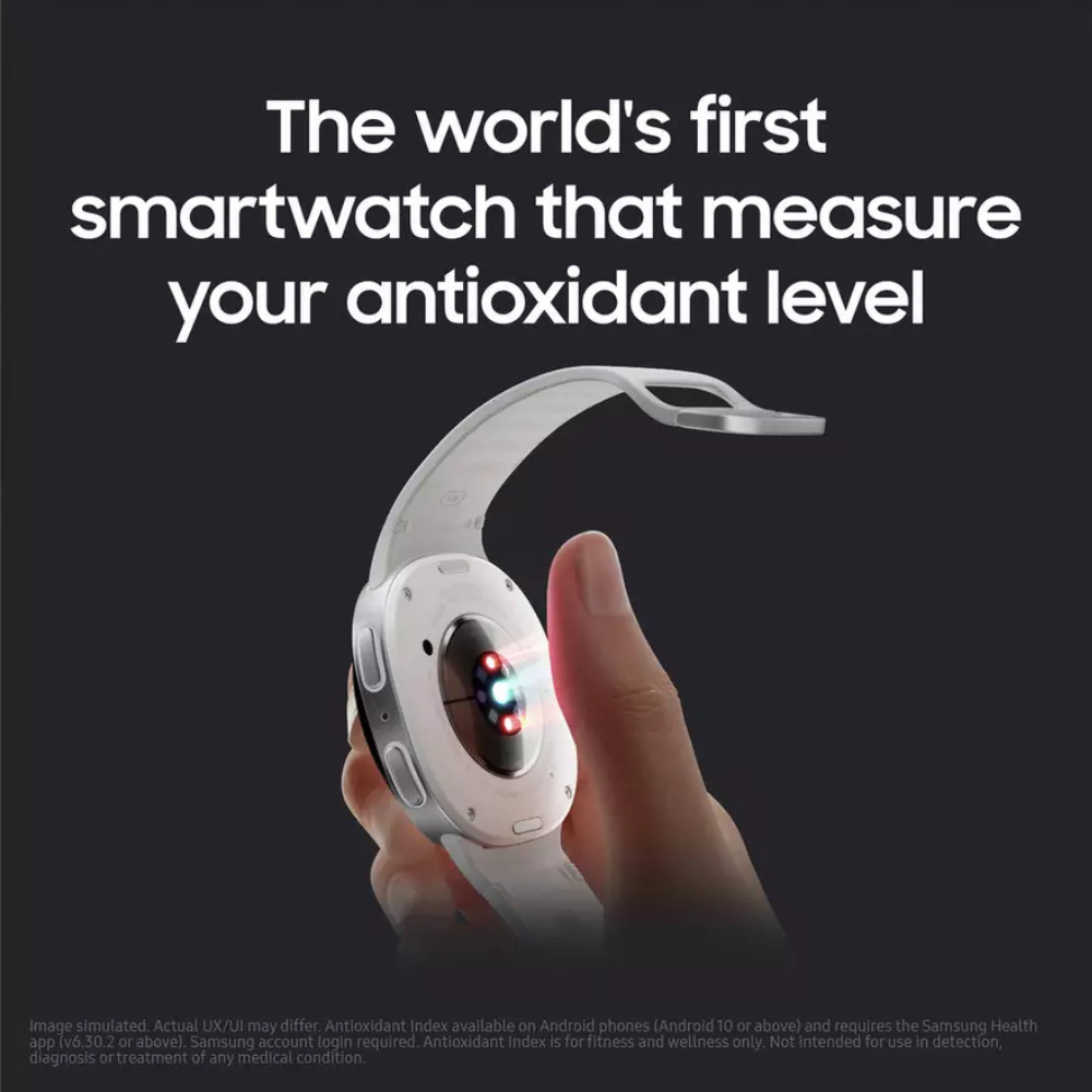 Silver smart watch with black display and antioxidant sensor illustration