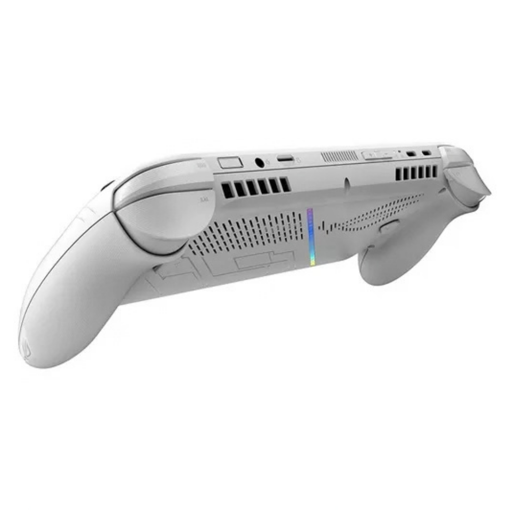 White handheld gaming console side profile with vent grille and trigger area
