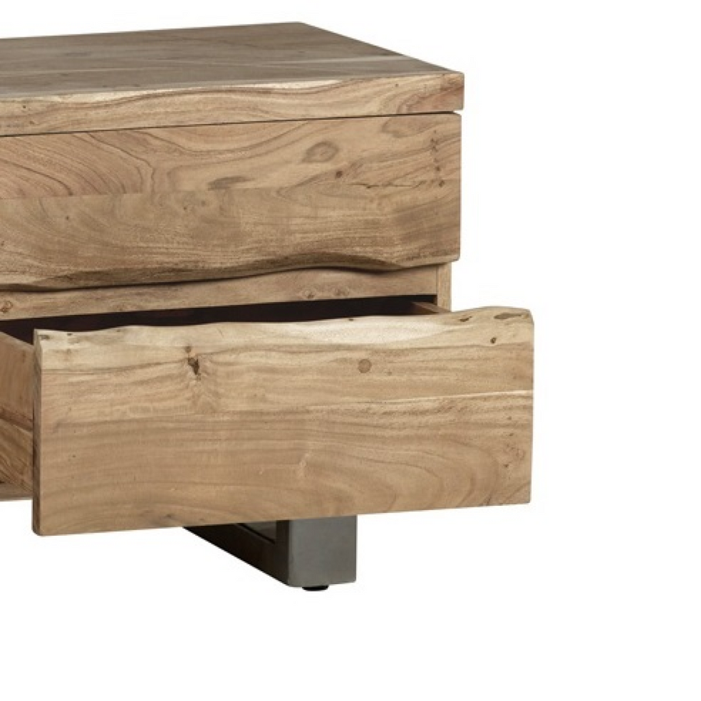 Close view of reclaimed wood TV cabinet drawer front with black tapered legs