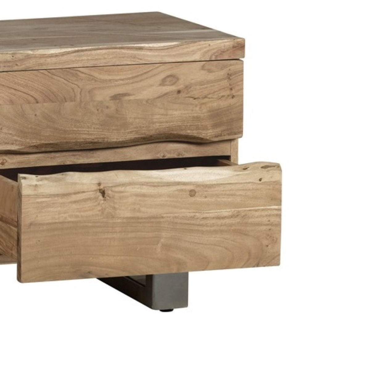 Close view of reclaimed wood TV cabinet drawer front with black tapered legs