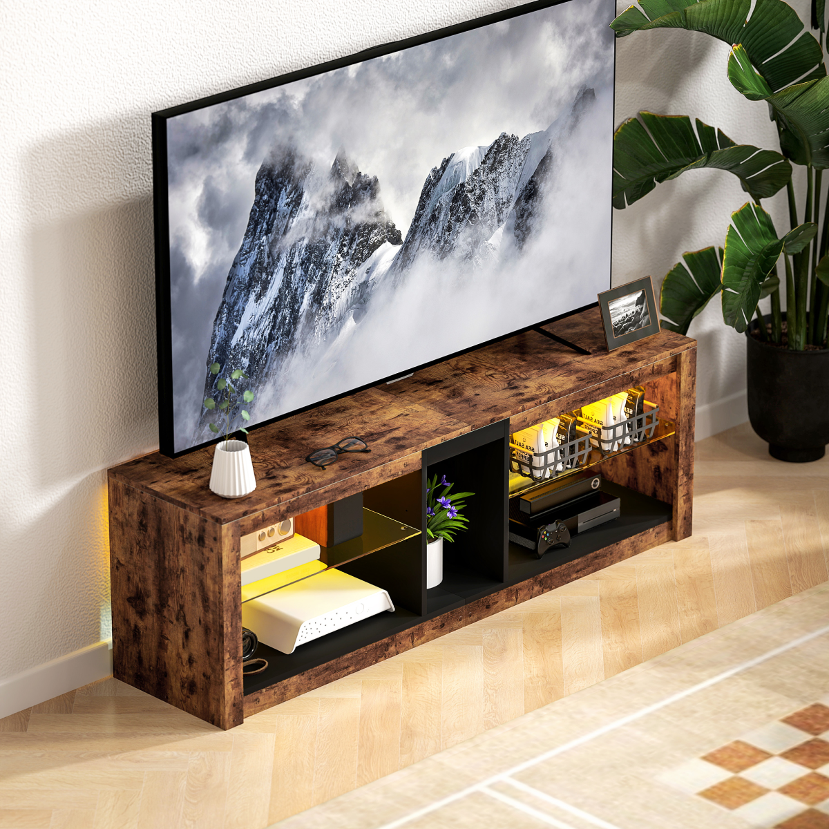 Rustic brown TV console with open shelves and a central enclosed compartment