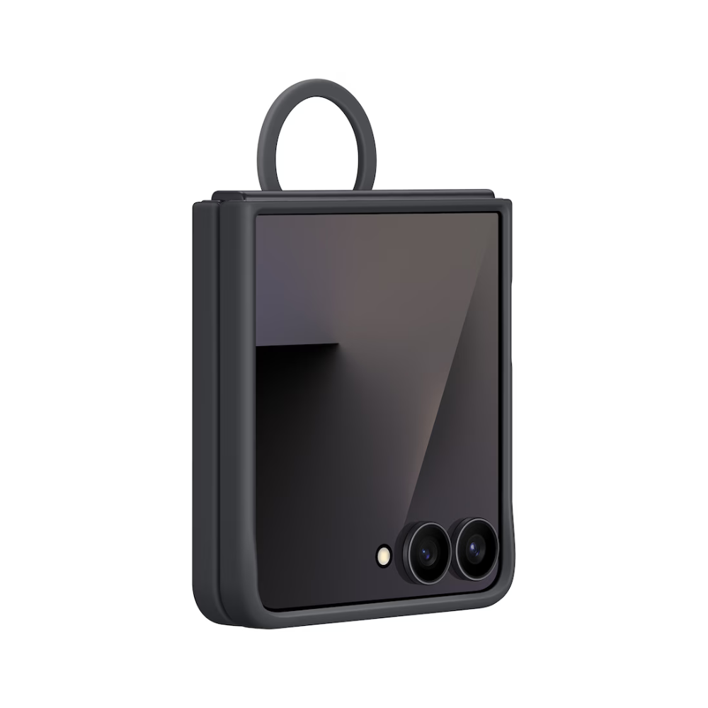 Black protective silicone case with ring for Galaxy Z Flip7, front view