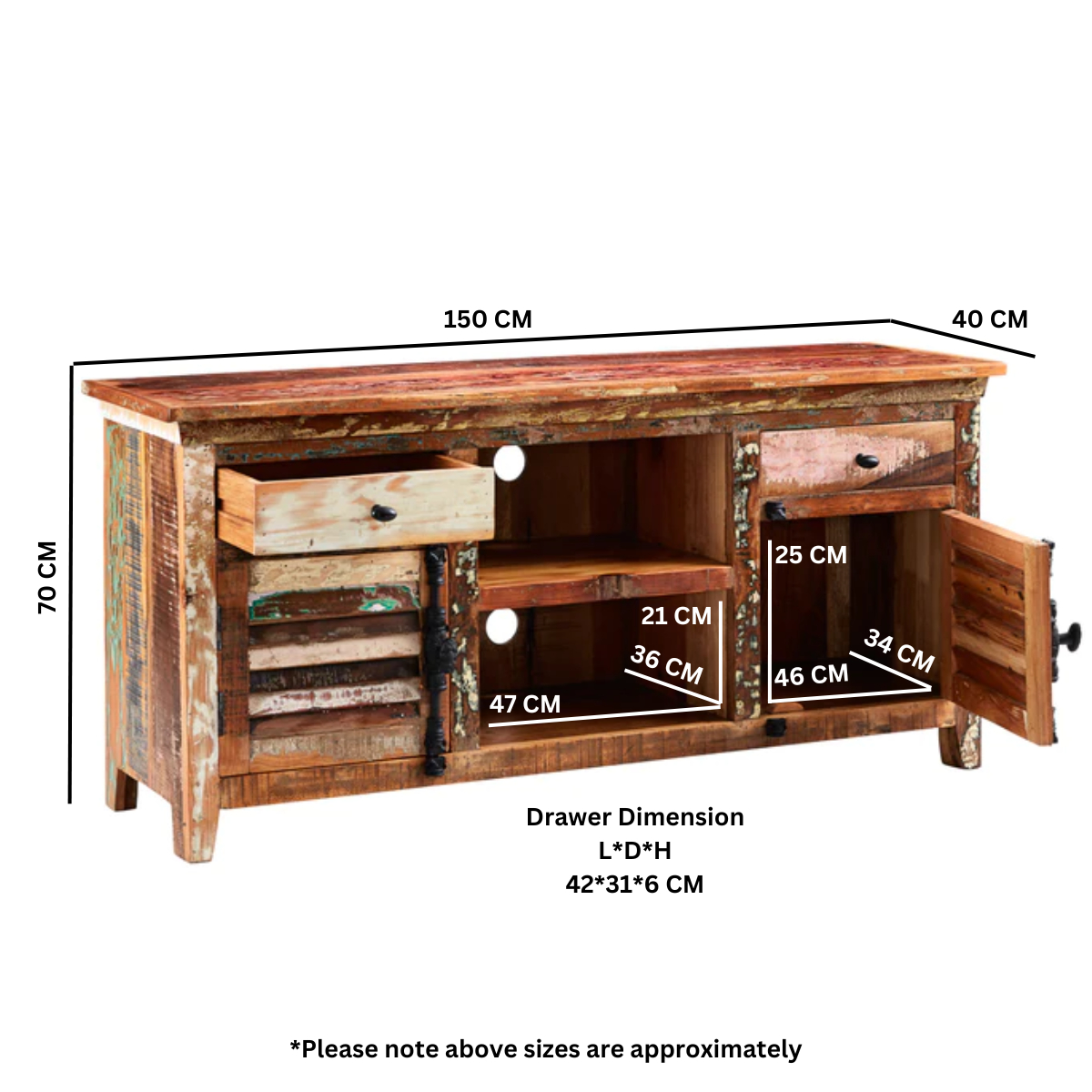 Reclaimed wood TV credenza with dimension overlay: 150cm wide, 70cm high