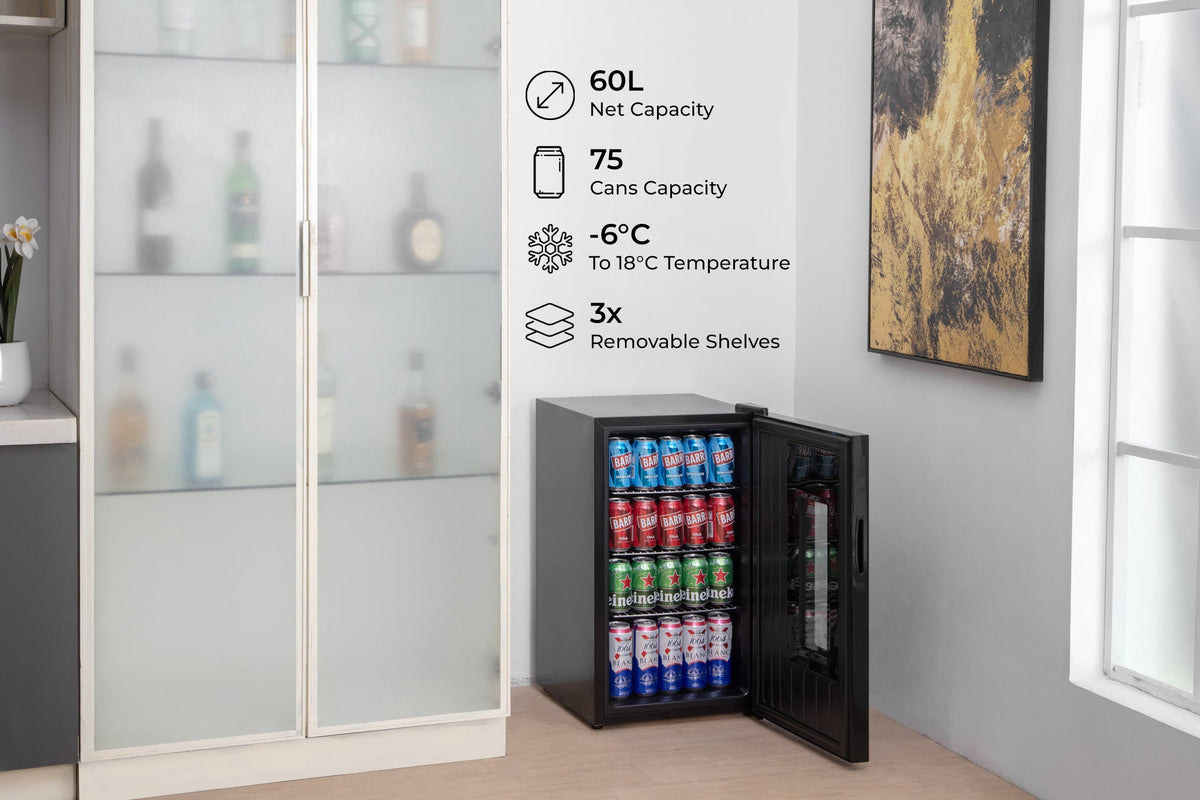 Black Subcold beer fridge with door open showing packed cans and -6°C display