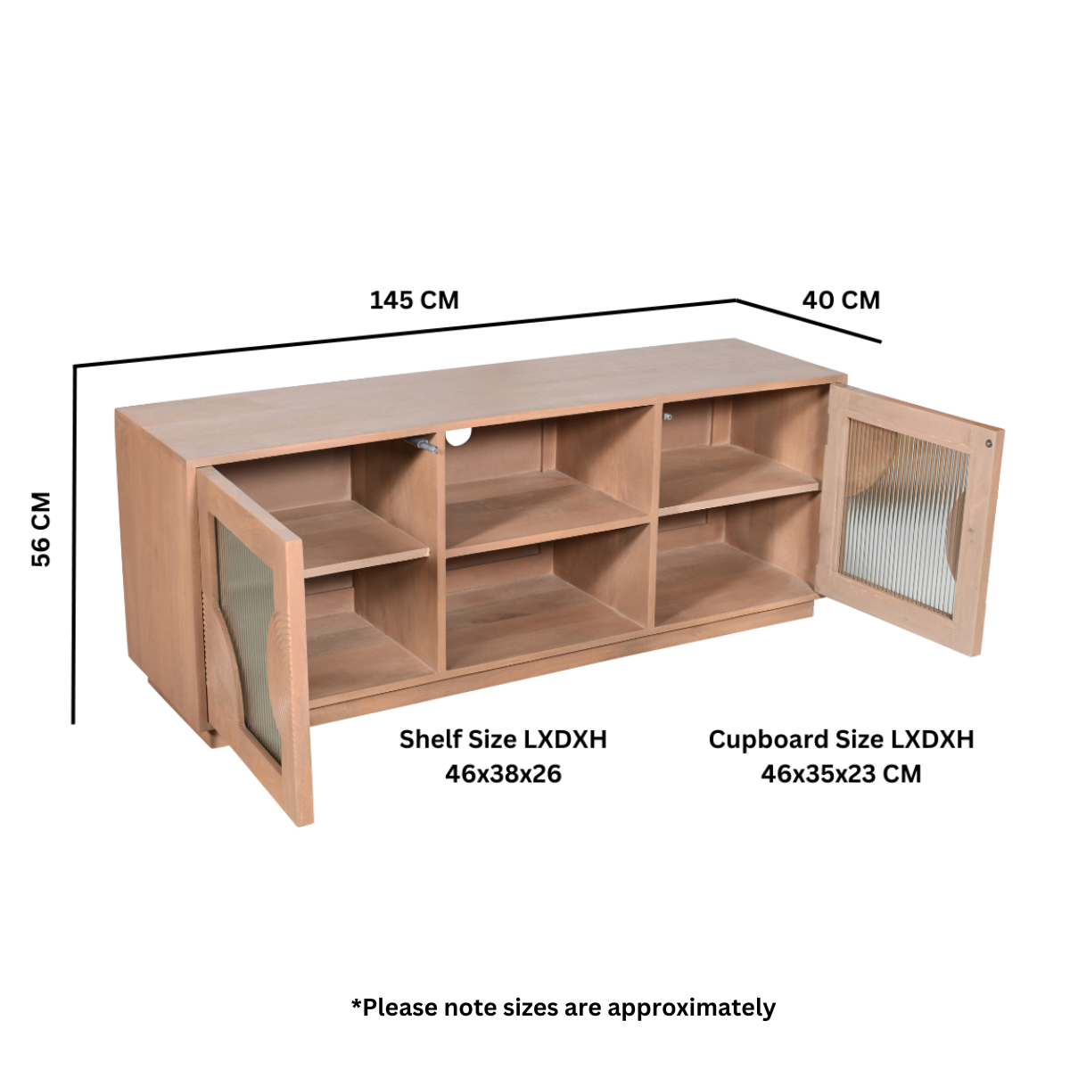 Solid wood TV cabinet dimensions graphic: 145cm wide, 56cm high, 40cm deep