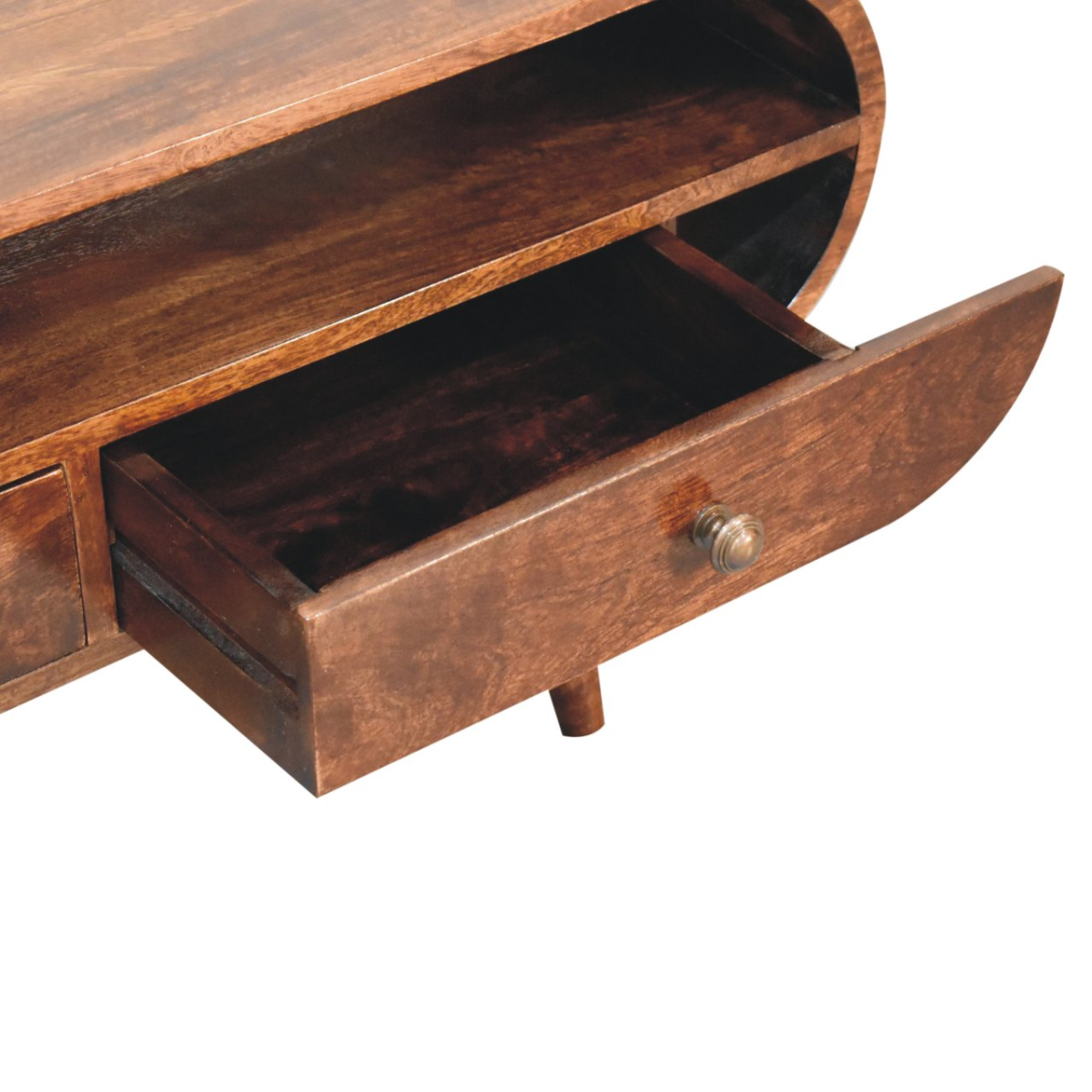 Walnut TV stand open drawer with round knob, dark interior shelf cavity