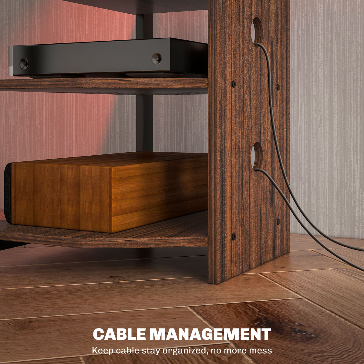 Close-up of TV stand corner: wood frame, open shelves, and routed cable openings.