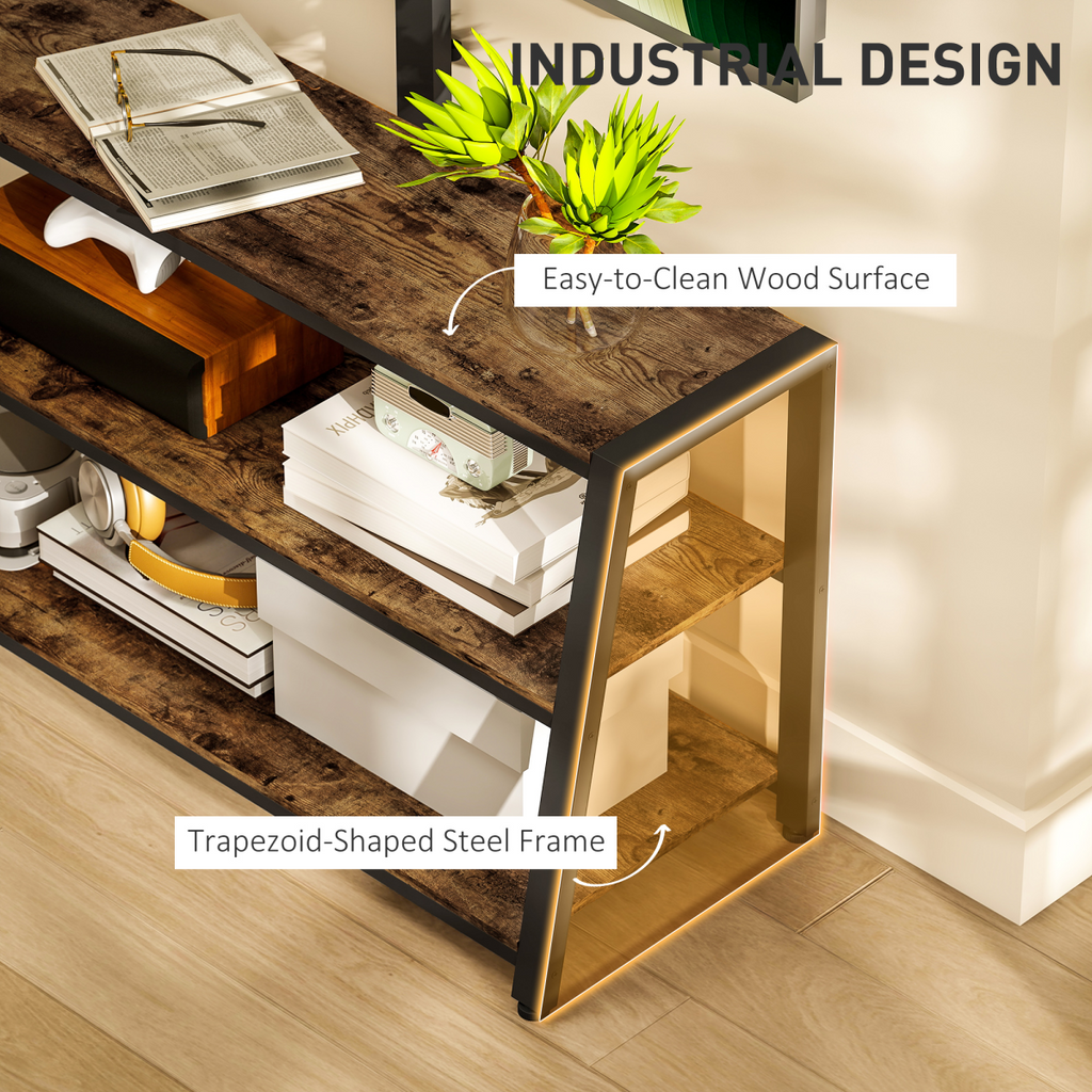 TV stand with trapezoid steel frame and open shelves, rustic wood tabletop surface