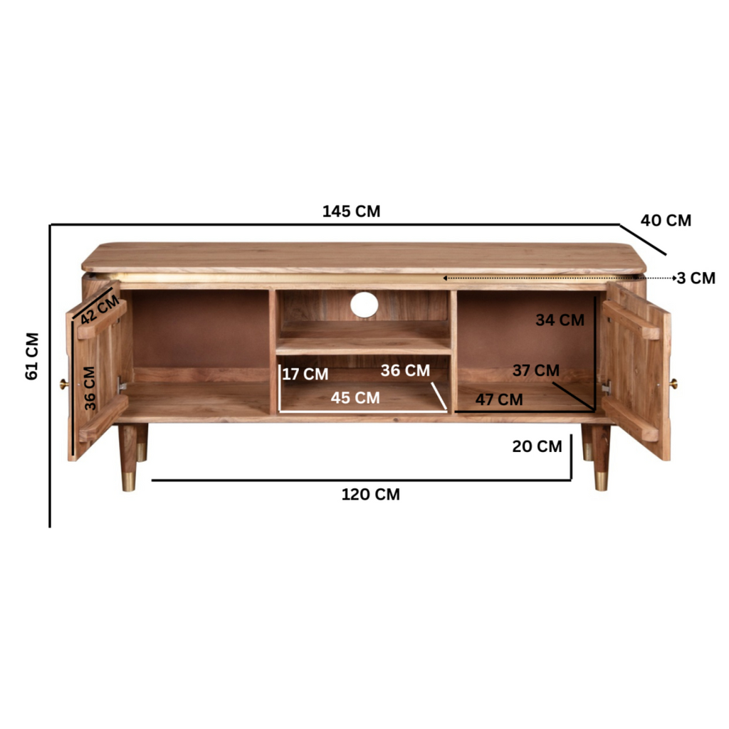 Acacia wood TV unit dimensions 120 x 61 x 40 cm, central media shelf