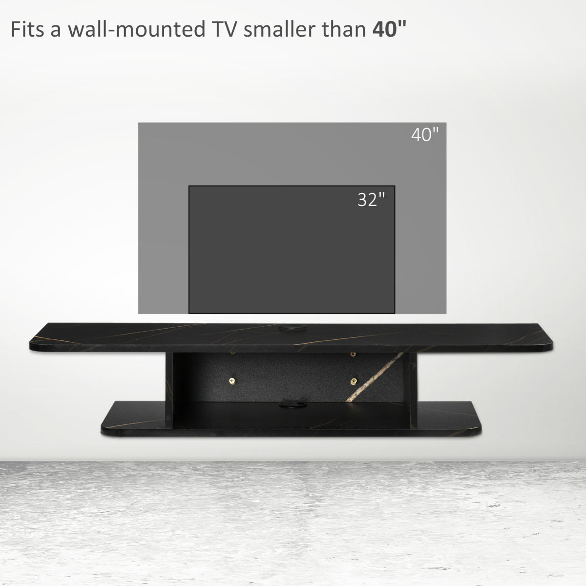 Black wall-mounted TV stand with wide top and two-tier open storage shelves
