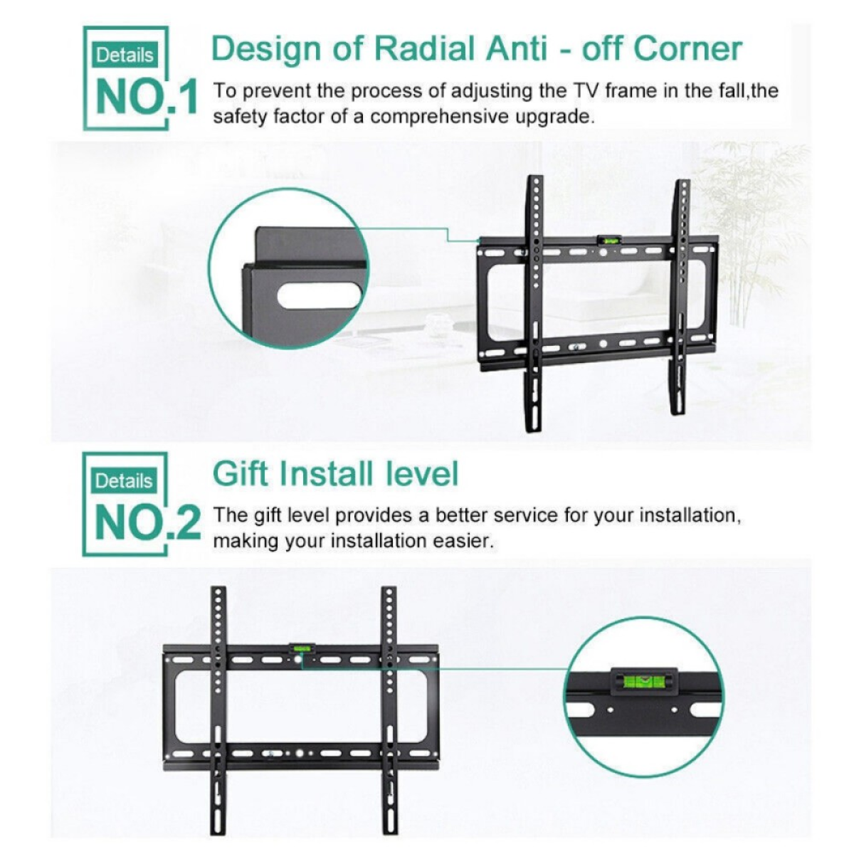 TV wall mount bracket with anti-off corner design and built-in spirit level