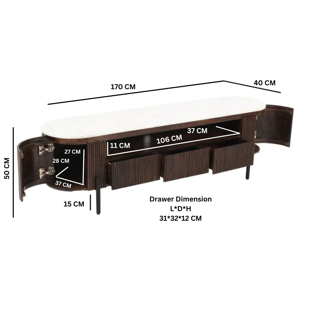 TV stand dimensions diagram showing overall size and drawer area labels for reference