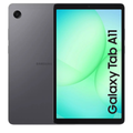 Grey Samsung tablet with front touchscreen showing colorful galaxy wallpaper