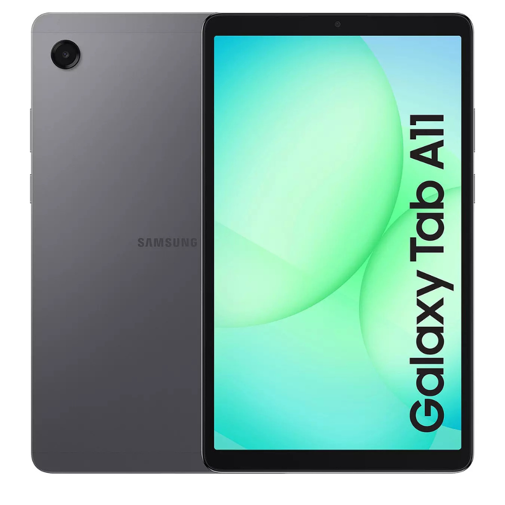 Grey Samsung tablet with front touchscreen showing colorful galaxy wallpaper