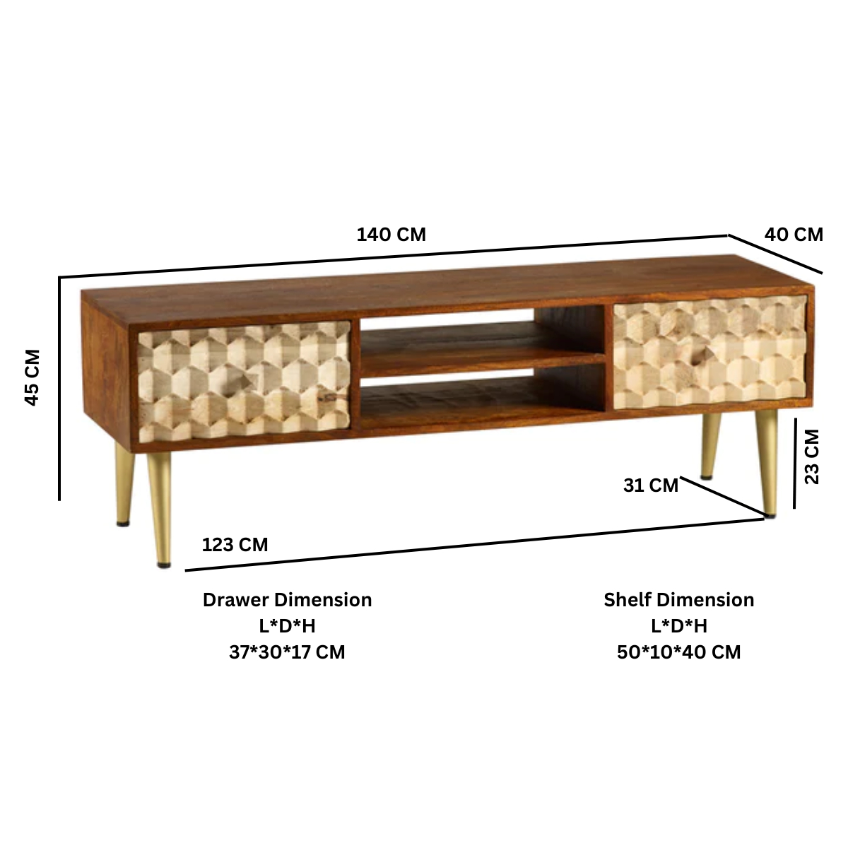 Wood TV media stand with patterned drawers, open shelves, and slim gold legs