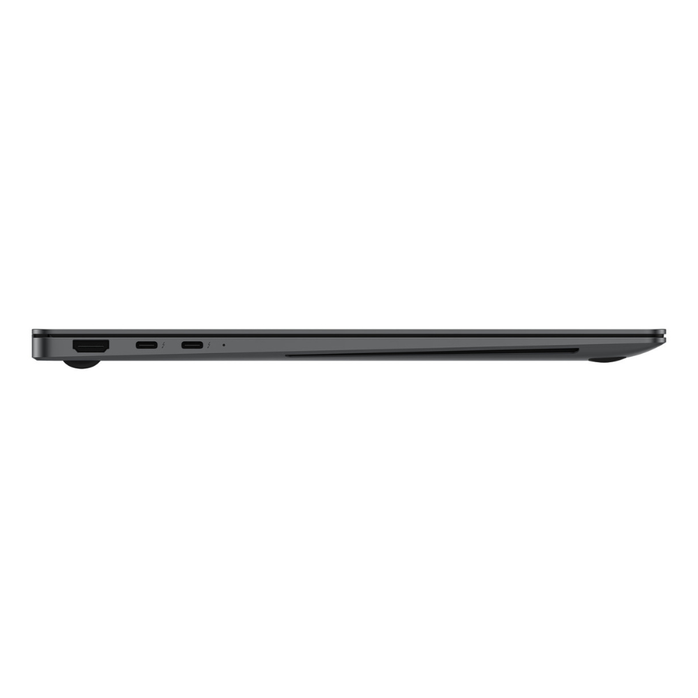 Gray Samsung laptop side view showing ports and ventilation on the edge