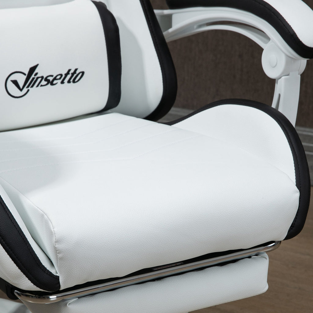 White gaming chair close-up of padded seat and side panel with black trim.