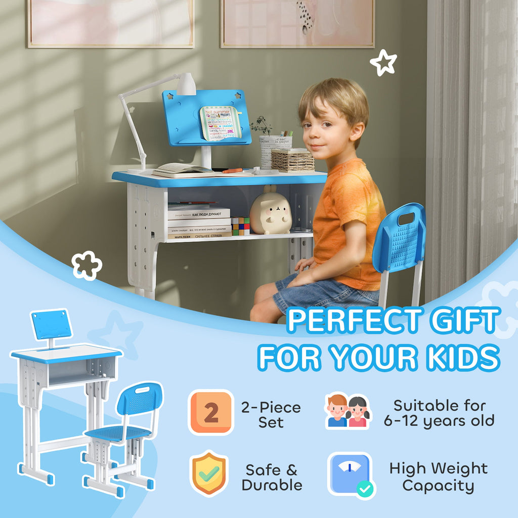 Kids adjustable desk and chair set with blue reading board and perforated chair back