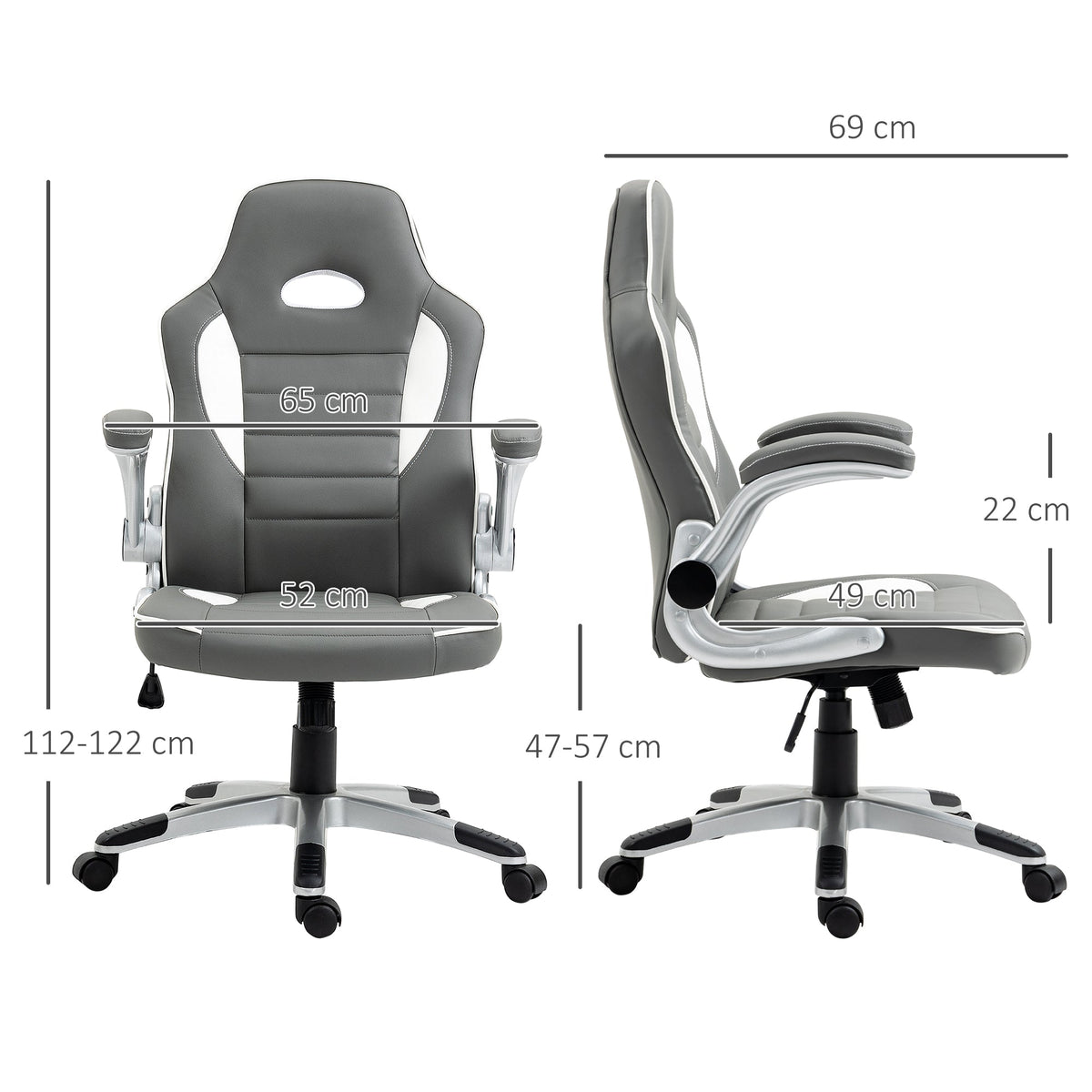Grey gaming chair with padded seat and back, flip-up armrests, and five-wheel swivel base