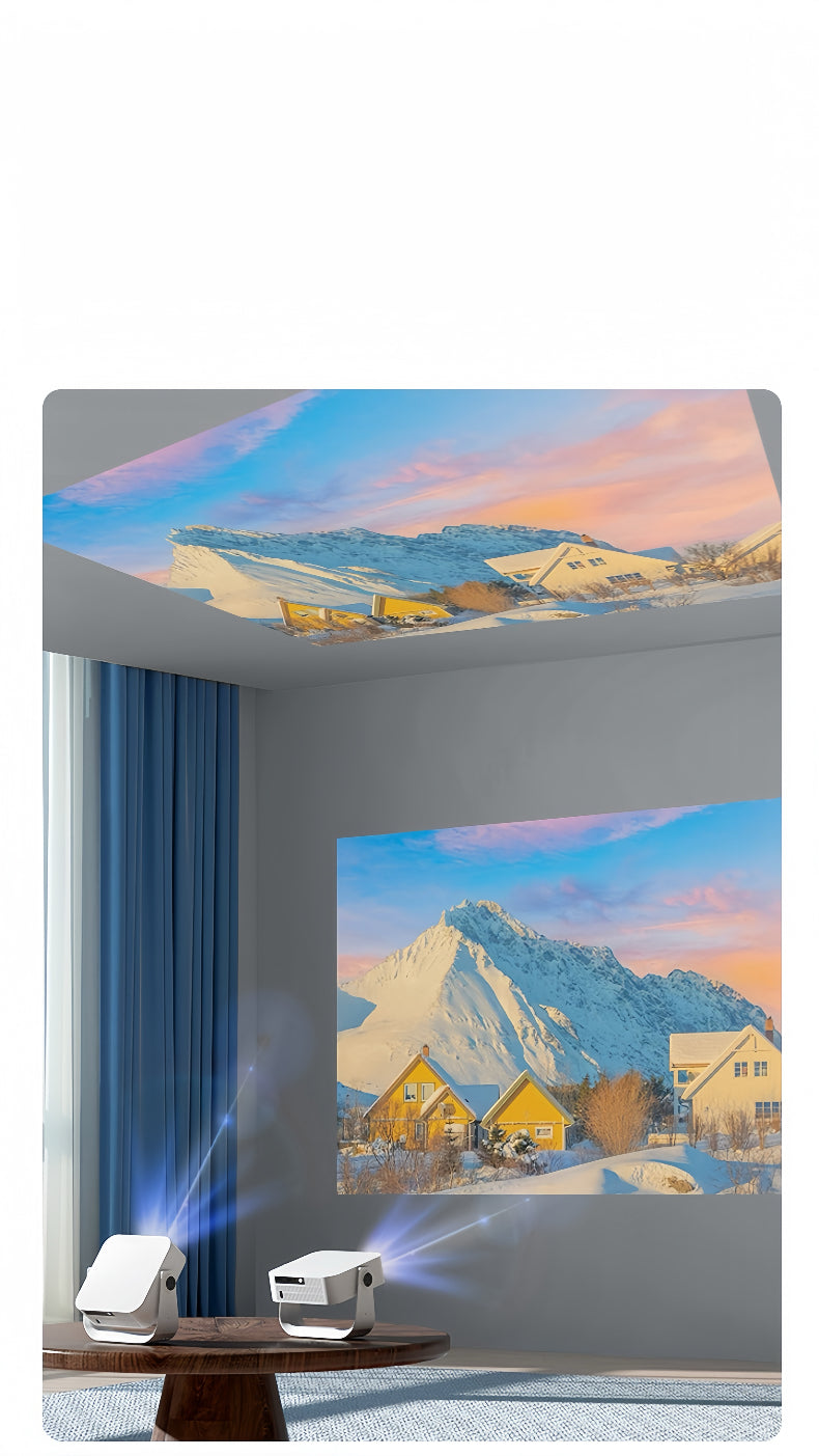LED projector showing a colorful landscape on the wall, compact white body