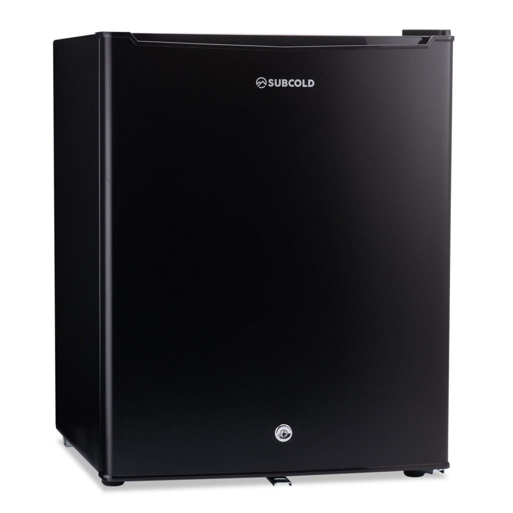 Black table-top fridge with front panel and logo, hinged door closed