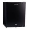 Black table-top fridge with front panel and logo, hinged door closed