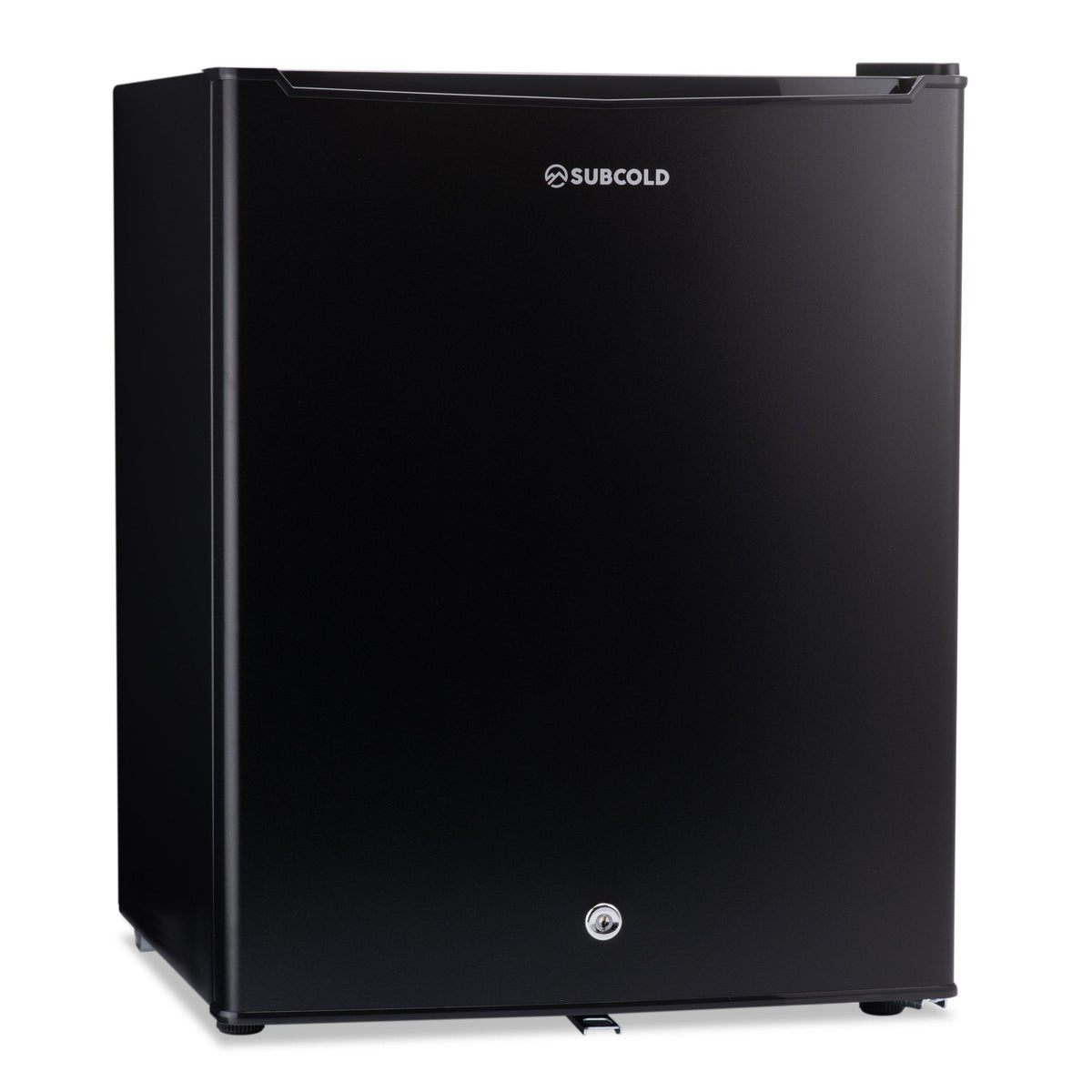 Black table-top fridge with front panel and logo, hinged door closed