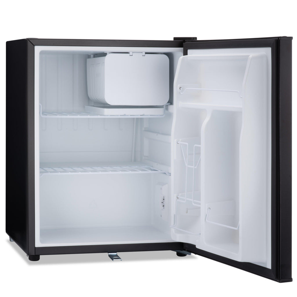 Black table-top fridge open showing empty interior shelves and freezer compartment