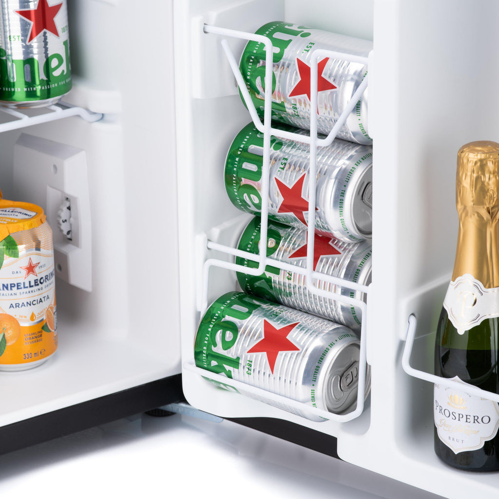 Table-top fridge door racks filled with cans and champagne bottles