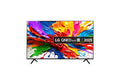 75 inch QNED evo 4K miniLED Smart TV with colorful abstract screen and two stand legs