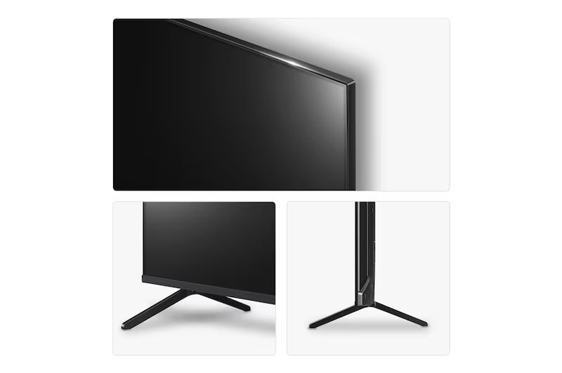 75 inch QNED evo 4K Smart TV front and side views with slim two-leg stand