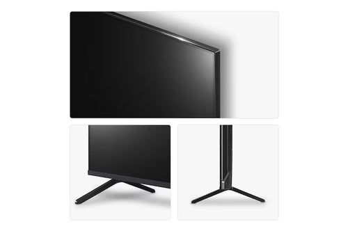 75 inch QNED evo 4K Smart TV front and side views with slim two-leg stand