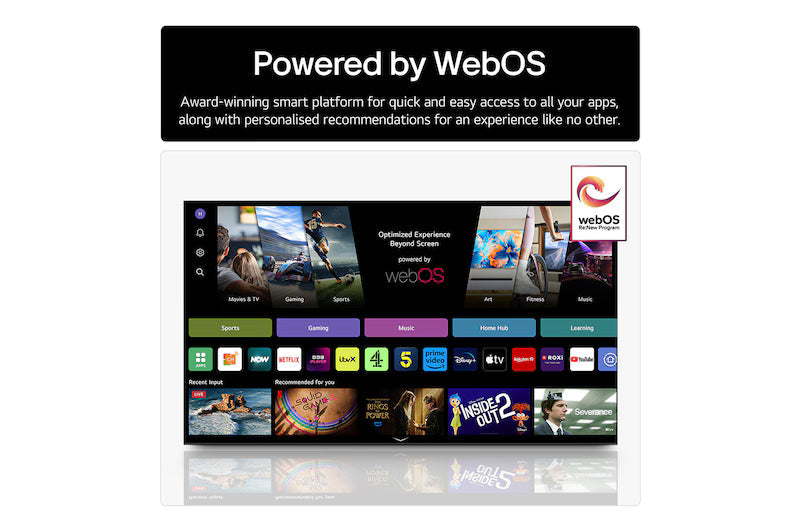 TV screen showing Powered by WebOS app tiles and the weboS logo